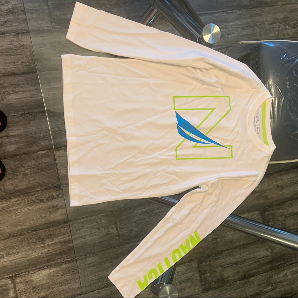 Nautica White Tee with Neon Green and Blue Details